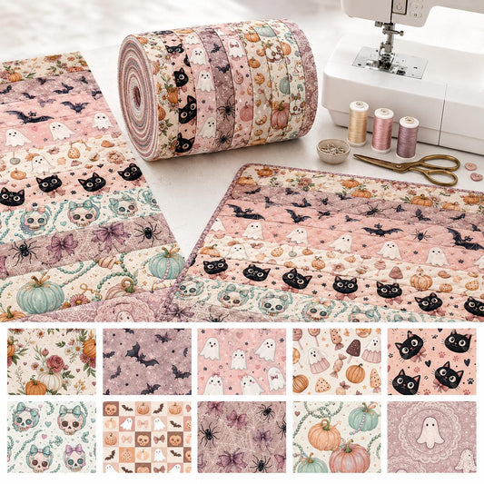 10pcs Vintage Ghost Bat Pumpkin Hallowen Theme Jelly Roll Fabric Strips 2.5X19.7inch Pre-Cut 100% Polyester For Patchwork Quilts, Table Runners, Placemats, Tote Bags, Storage Pouches, Makeup Bags, Coasters, Quilt Blocks & Binding