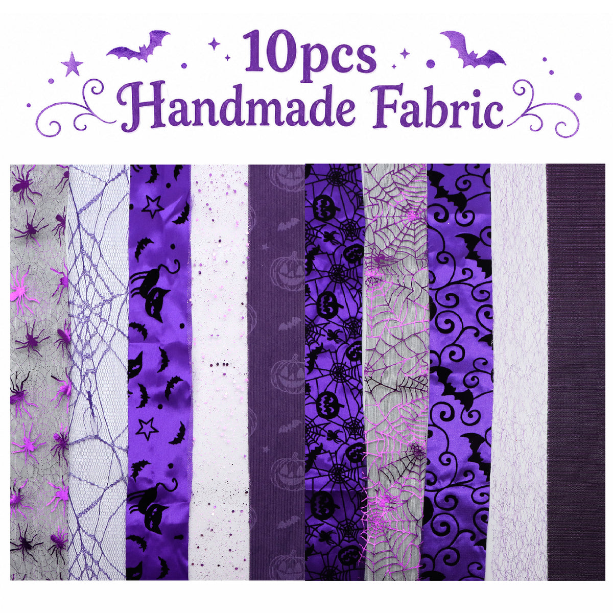 10pcs/Set, Making 10 Images 1pc Each, Each Size: 2.48*19.69inch Pumpkin Spider Plain Purple Halloween Pattern Sliced Fabric Set Style Combination, Polyester Jelly Roll Fabric Strips, Pre-Cut Quilting Squares, for Quilting DIY, Handicrafts And Sewing, Blan