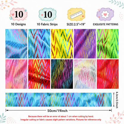 10pcs Vintage Chevron, Zig Zags Pattern Jelly Roll Fabric Strips 2.5X19.7inch Pre-Cut 100% Polyester For Patchwork Quilts, Table Runners, Placemats, Tote Bags, Storage Pouches, Makeup Bags, Coasters, Quilt Blocks & Binding