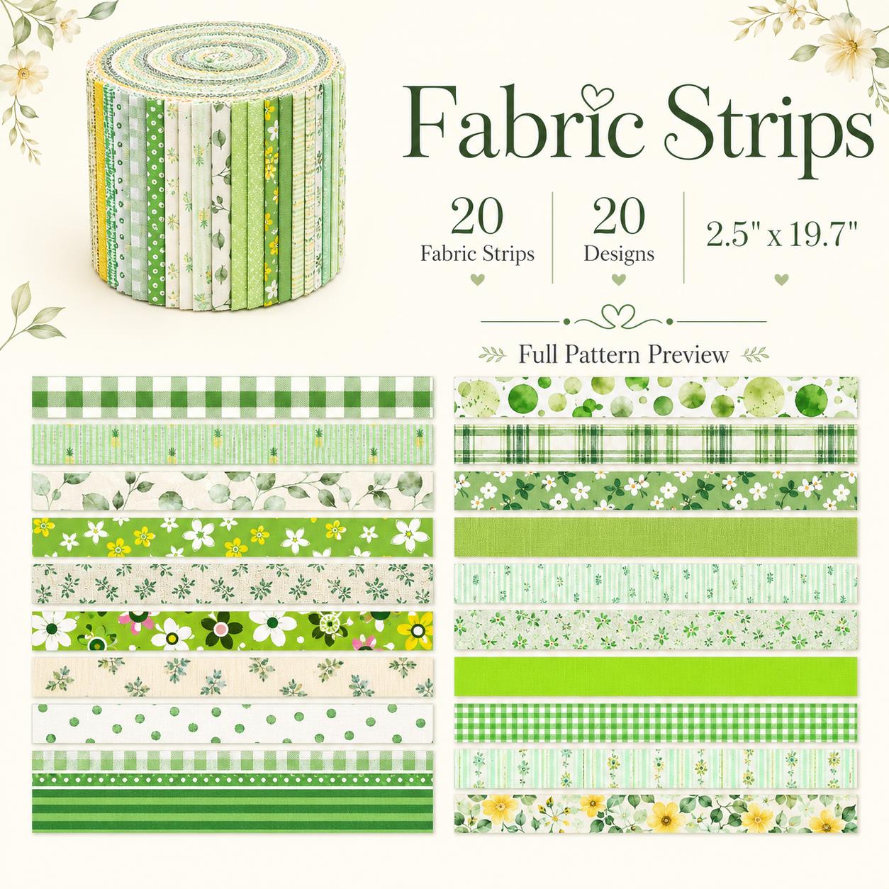 20pcs Vintage Plaid Dot Floral Green Series Jelly Roll Fabric Strips 2.5X19.7inch Delicate Printed Multi-Color 100% Polyester for DIY Handmade Patchwork, Table Runners, Placemats, Tote Bags, Storage Pouches, Makeup Bags, Coasters, Quilt Blocks