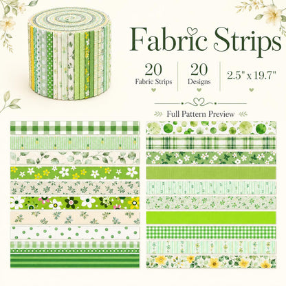 20pcs Vintage Plaid Dot Floral Green Series Jelly Roll Fabric Strips 2.5X19.7inch Delicate Printed Multi-Color 100% Polyester for DIY Handmade Patchwork, Table Runners, Placemats, Tote Bags, Storage Pouches, Makeup Bags, Coasters, Quilt Blocks
