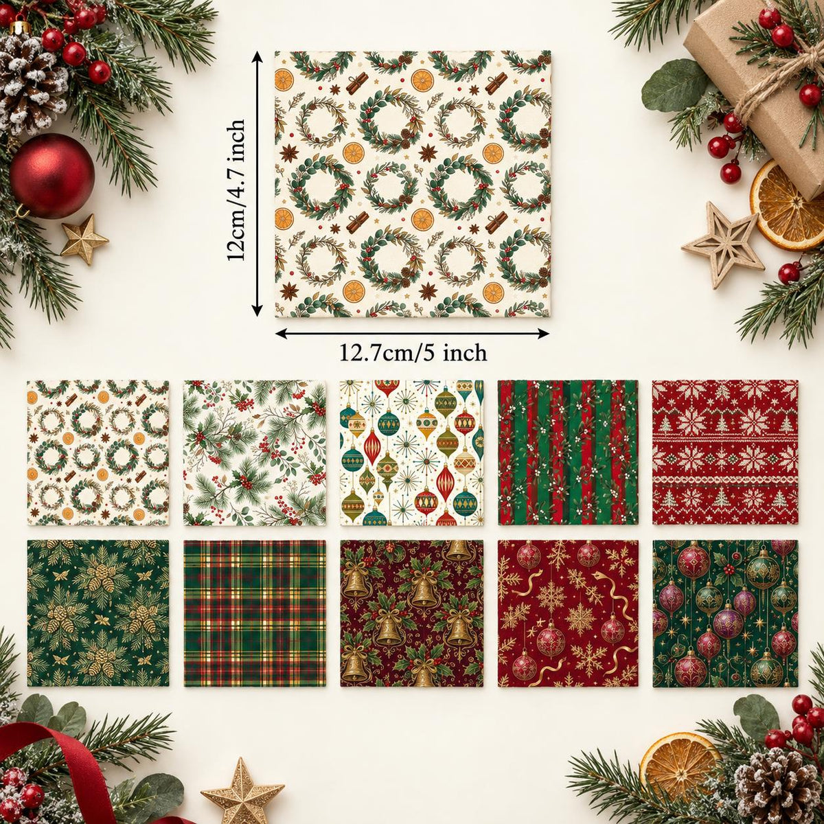10Pc/Set Christmas Series Stripe Bowknot Wreath Flower Star Plaid Holly Pinecones Fat Quarter Fabric, Pre-Cut Square Fabric Assort, Fabric Set, Craft Fabric, Handmade DIY Patchwork Fabric,Home Quilting Sewing Fabric, Packaging Fabric, Scrapbooking Craft H