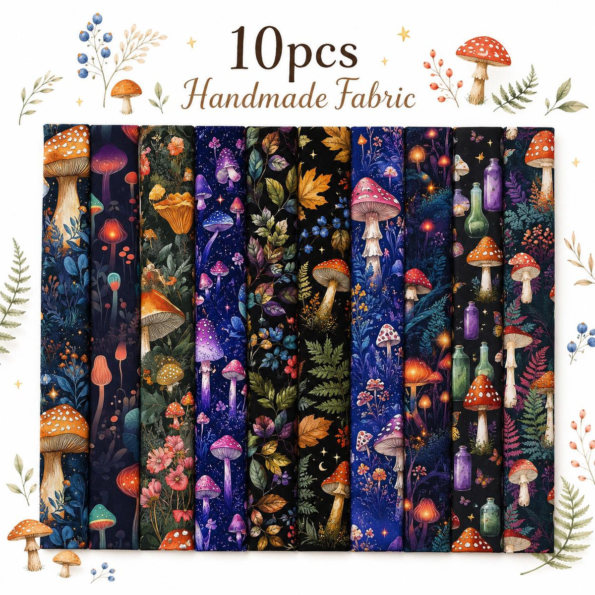 10pcs Vintage Mushroom Dark Pattern Jelly Roll Fabric Strips 2.5X19.7inch Pre-Cut 100% Polyester For Patchwork Quilts, Table Runners, Placemats, Tote Bags, Storage Pouches, Makeup Bags, Coasters, Quilt Blocks & Binding