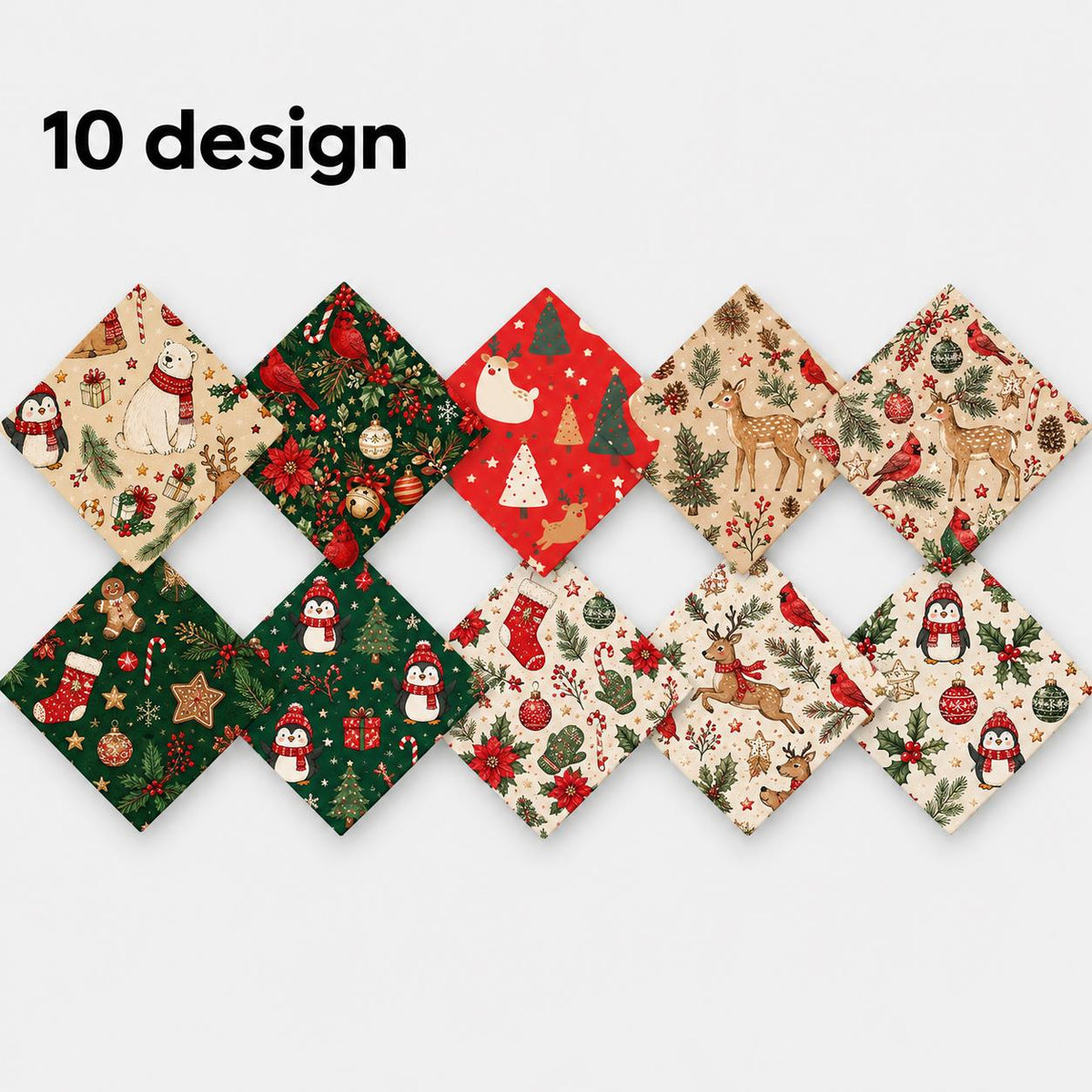 10Pc/Set Christmas Series Flower Bell Star Tree Penguin Bear Holly Crutch Pinecones Northern Cardinal Fat Quarter Fabric, Pre-Cut Square Fabric Assort, Fabric Set, Craft Fabric, Handmade DIY Patchwork Fabric,Home Quilting Sewing Fabric, Packaging Fabric,