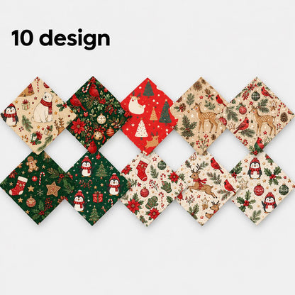 10Pc/Set Christmas Series Flower Bell Star Tree Penguin Bear Holly Crutch Pinecones Northern Cardinal Fat Quarter Fabric, Pre-Cut Square Fabric Assort, Fabric Set, Craft Fabric, Handmade DIY Patchwork Fabric,Home Quilting Sewing Fabric, Packaging Fabric,