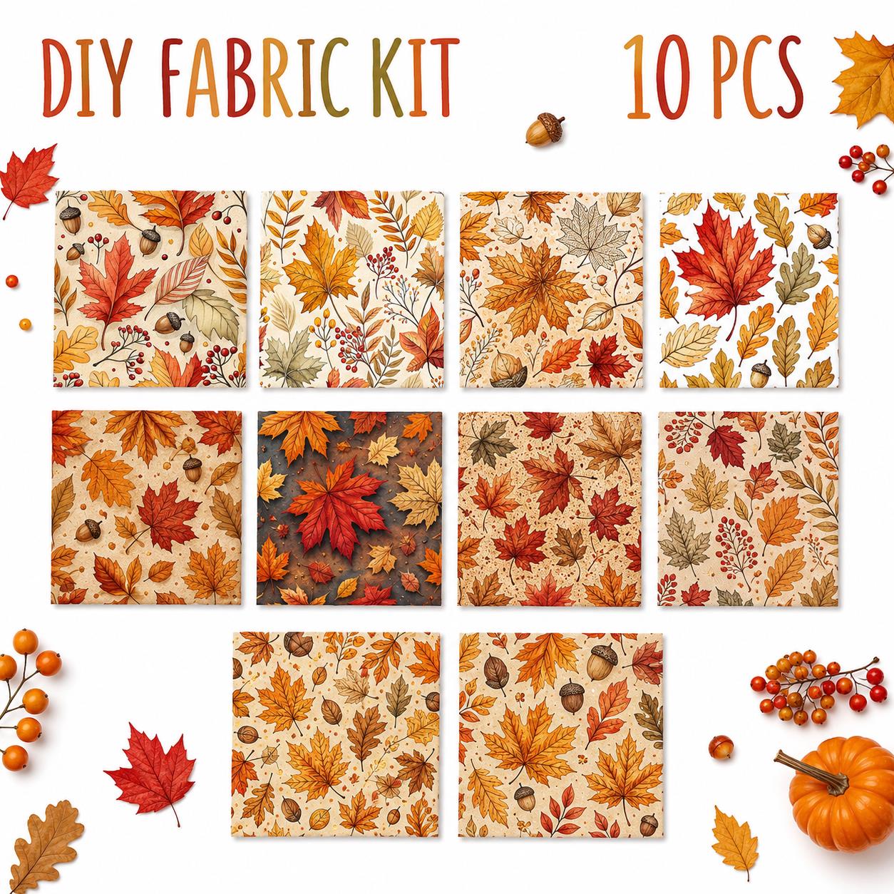 10Pc/Set Fall Autumn Series Maple Leaf  Pinecones Fat Quarter Fabric, Pre-Cut Square Fabric Assort, Fabric Set, Craft Fabric, Handmade DIY Patchwork Fabric,Home Quilting Sewing Fabric, Packaging Fabric, Scrapbooking Craft Hobbyist