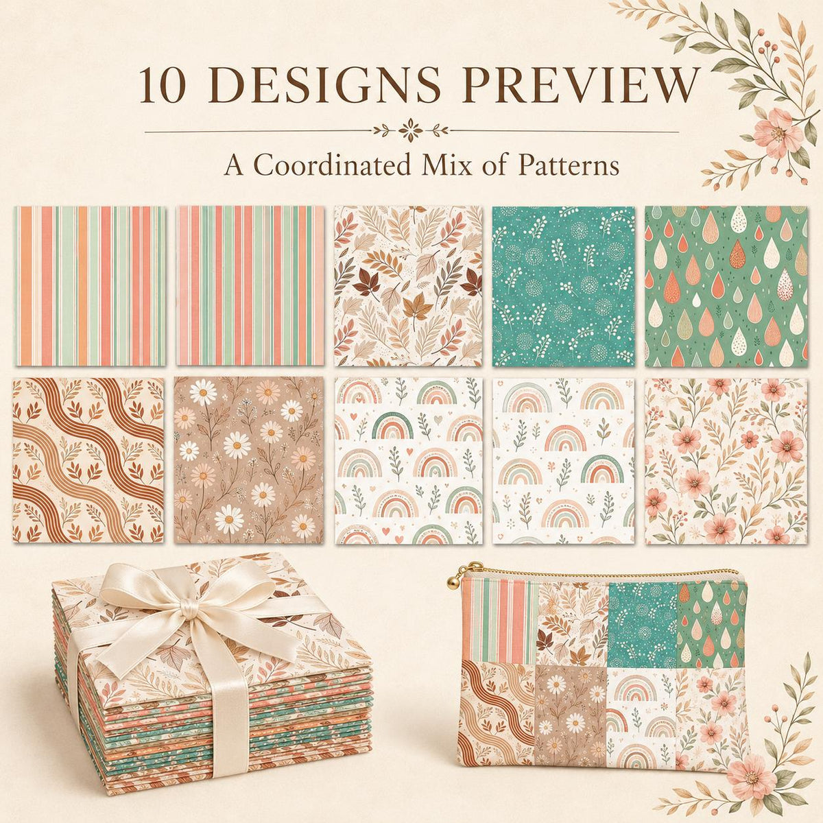 10pcs Charm Pack Set Floral Stripe Pattern Vintage Style Handmade DIY with Rich Color and Texture Elements 100% Polyester Patchwork in 10 Design Styles Suitable for Patchwork DIY Craft Projects DIY Wallet Making Gift Giving Bag Making Mother's Day Gift