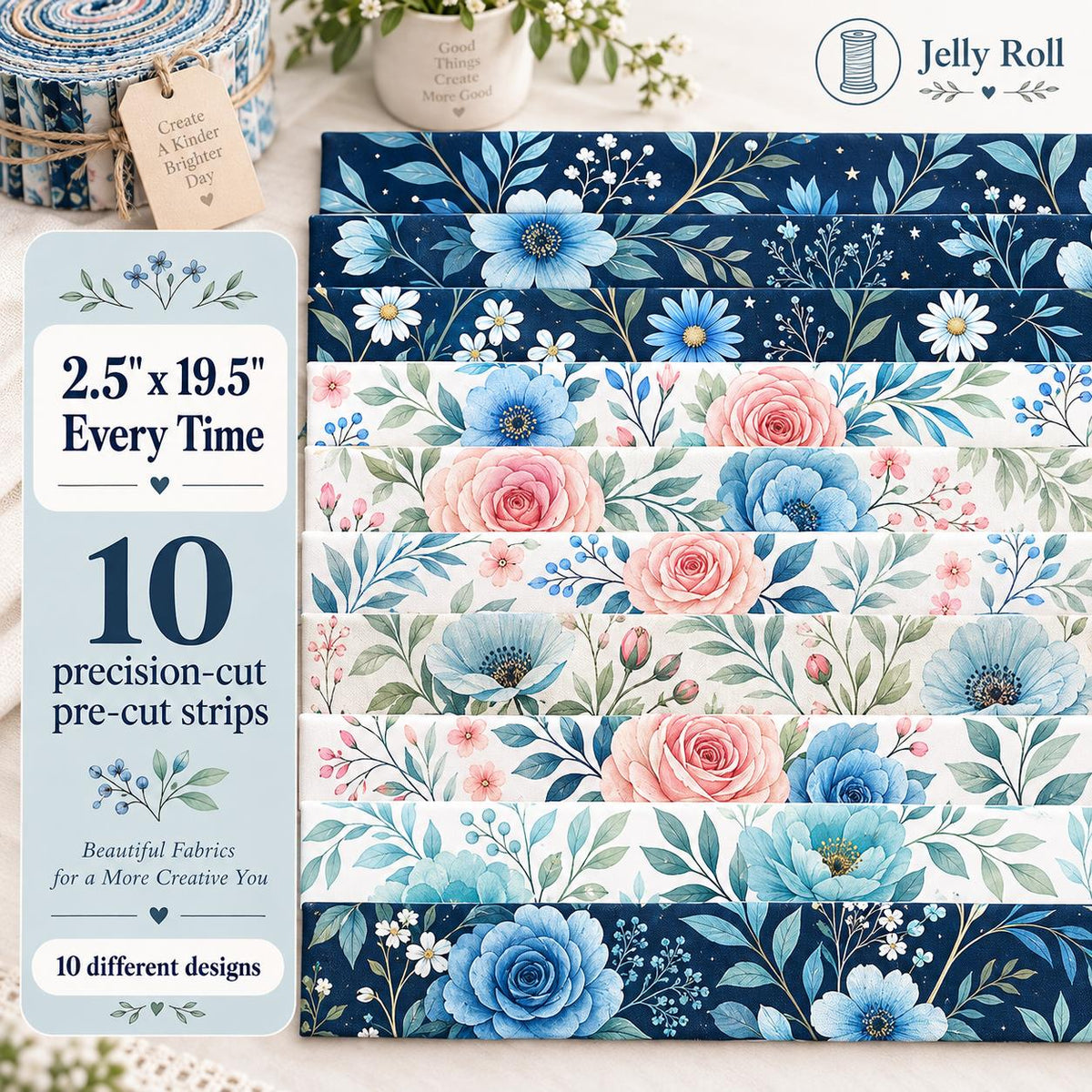 10pcs Vintage Blue Floral Pattern Jelly Roll Fabric Strips 2.5X19.7inch Pre-Cut 100% Polyester For Patchwork Quilts, Table Runners, Placemats, Tote Bags, Storage Pouches, Makeup Bags, Coasters, Quilt Blocks & Binding