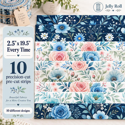 10pcs Vintage Blue Floral Pattern Jelly Roll Fabric Strips 2.5X19.7inch Pre-Cut 100% Polyester For Patchwork Quilts, Table Runners, Placemats, Tote Bags, Storage Pouches, Makeup Bags, Coasters, Quilt Blocks & Binding