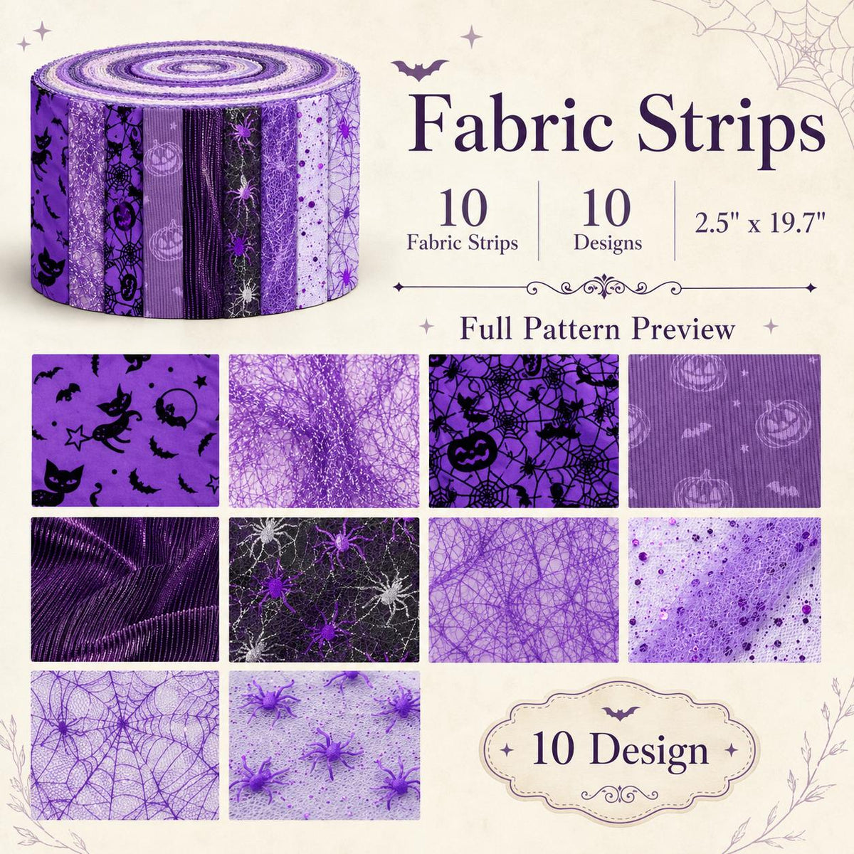 10pcs/Set, Making 10 Images 1pc Each, Each Size: 2.48*19.69inch Pumpkin Spider Plain Purple Halloween Pattern Sliced Fabric Set Style Combination, Polyester Jelly Roll Fabric Strips, Pre-Cut Quilting Squares, for Quilting DIY, Handicrafts And Sewing, Blan