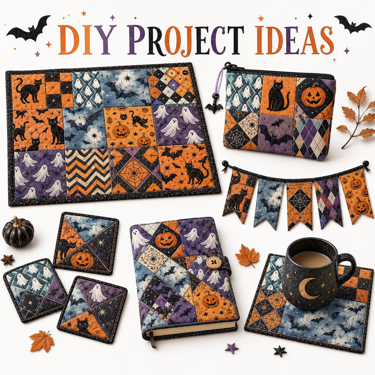 10Pc/Set Halloween Series Plaid Star Skull Bat Cat Fat Quarter Fabric, Pre-Cut Square Fabric Assort, Fabric Set, Craft Fabric, Handmade DIY Patchwork Fabric,Home Quilting Sewing Fabric, Packaging Fabric, Scrapbooking Craft Hobbyist