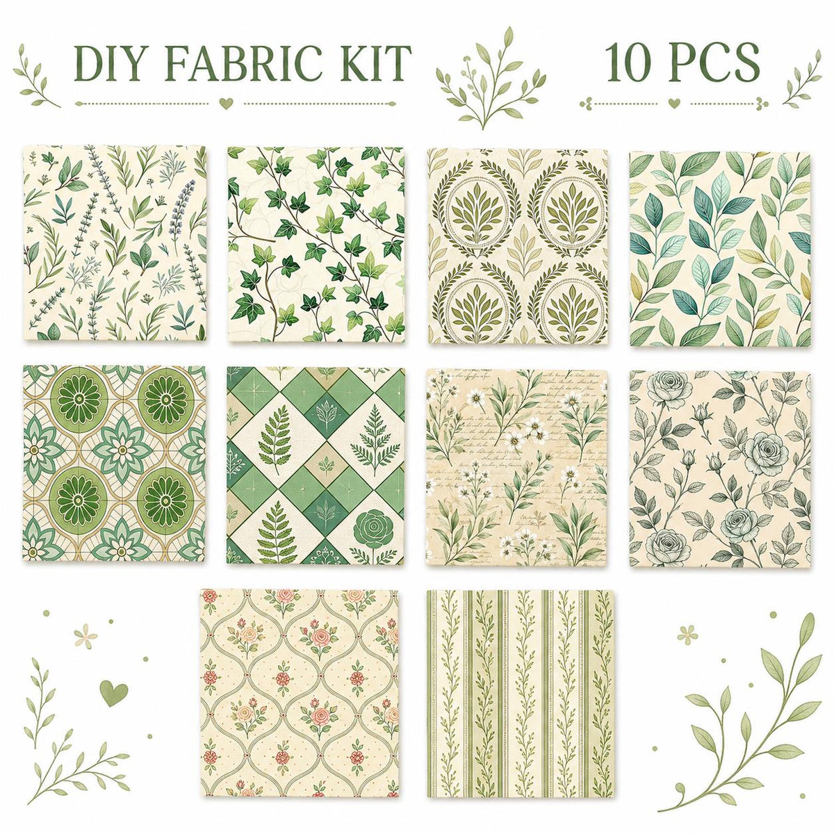 10Pc/Set Leaf Green Series Plaid Fat Quarter Fabric, Pre-Cut Square Fabric Assort, Fabric Set, Craft Fabric, Handmade DIY Patchwork Fabric,Home Quilting Sewing Fabric, Packaging Fabric, Scrapbooking Craft Hobbyist