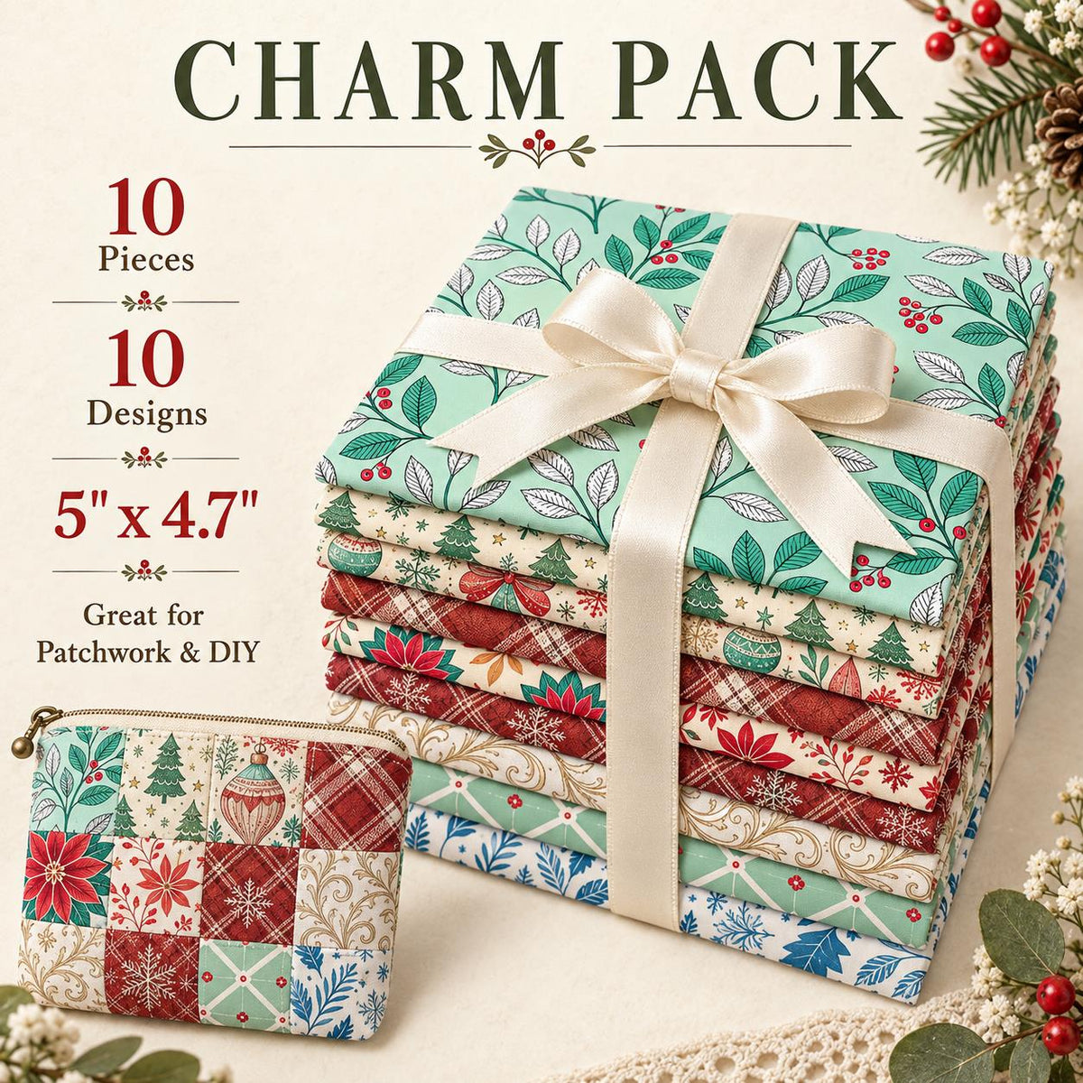 10Pc/Set Christmas Flower Series Plaid Tree Bell Fat Quarter Fabric, Pre-Cut Square Fabric Assort, Fabric Set, Craft Fabric, Handmade DIY Patchwork Fabric,Home Quilting Sewing Fabric, Packaging Fabric, Scrapbooking Craft Hobbyist