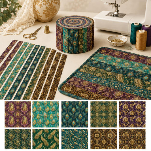 10pcs Vintage Geometric Peacock Feathers Cashew Pattern Jelly Roll Fabric Strips 2.5X19.7inch Pre-Cut 100% Polyester For Patchwork Quilts, Table Runners, Placemats, Tote Bags, Storage Pouches, Makeup Bags, Coasters, Quilt Blocks & Binding
