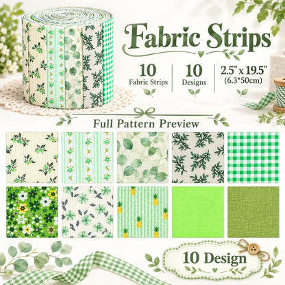 10pcs Vintage Green Flower Jelly Roll Fabric Strips 2.5X19.7inch Pre-cut 100% Polyester for Patchwork Quilts, Table Runners, Placemats, Tote Bags, Storage Pouches, Makeup Bags, Coasters, Quilt Blocks & Binding