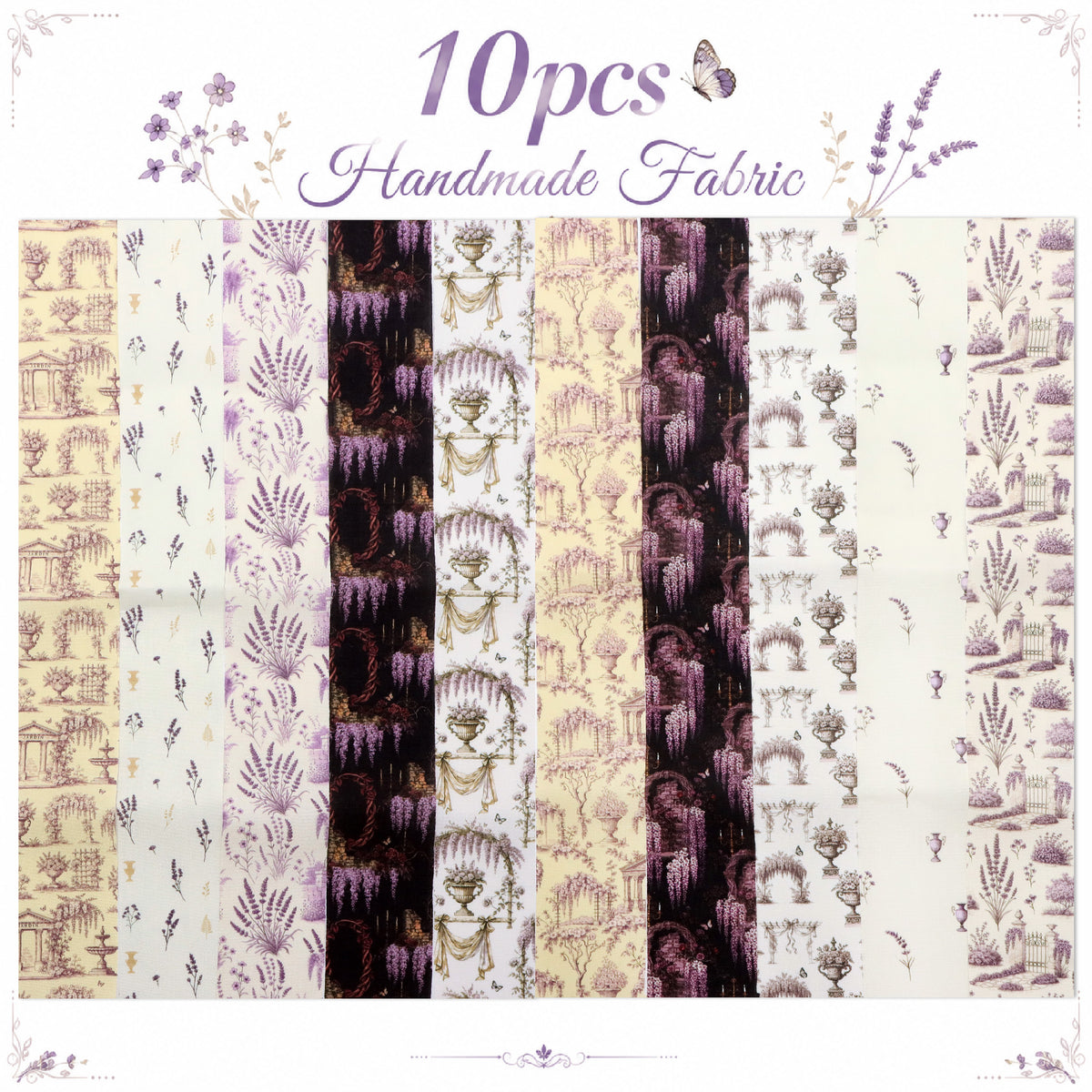 10pcs Vintage Lavender Floral Pattern Jelly Roll Fabric Strips 2.5X19.7inch Pre-Cut 100% Polyester For Patchwork Quilts, Table Runners, Placemats, Tote Bags, Storage Pouches, Makeup Bags, Coasters, Quilt Blocks & Binding