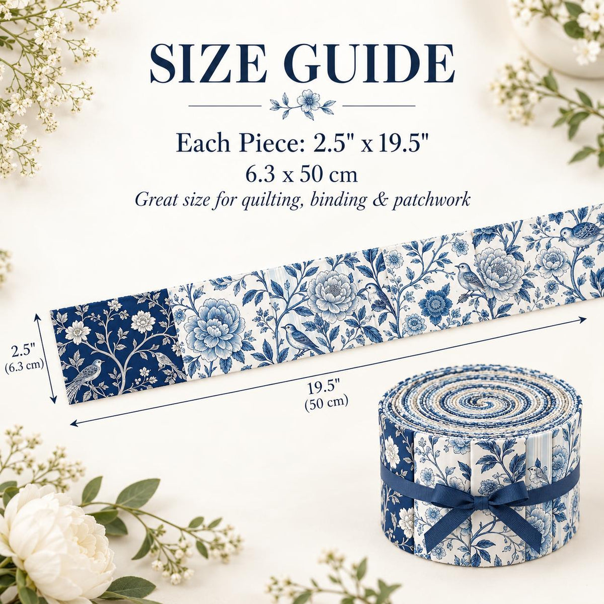 10pcs Vintage Blue Floral Pattern Jelly Roll Fabric Strips 2.5X19.7inch Pre-Cut 100% Polyester For Patchwork Quilts, Table Runners, Placemats, Tote Bags, Storage Pouches, Makeup Bags, Coasters, Quilt Blocks & Binding