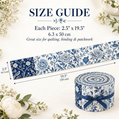 10pcs Vintage Blue Floral Pattern Jelly Roll Fabric Strips 2.5X19.7inch Pre-Cut 100% Polyester For Patchwork Quilts, Table Runners, Placemats, Tote Bags, Storage Pouches, Makeup Bags, Coasters, Quilt Blocks & Binding