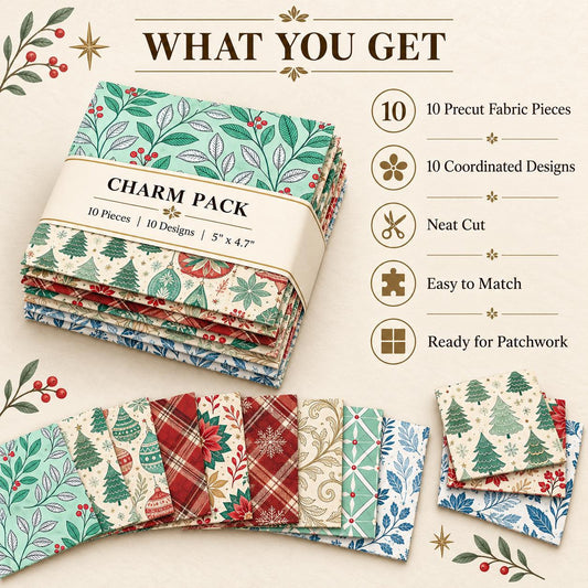 10Pc/Set Christmas Flower Series Plaid Tree Bell Fat Quarter Fabric, Pre-Cut Square Fabric Assort, Fabric Set, Craft Fabric, Handmade DIY Patchwork Fabric,Home Quilting Sewing Fabric, Packaging Fabric, Scrapbooking Craft Hobbyist