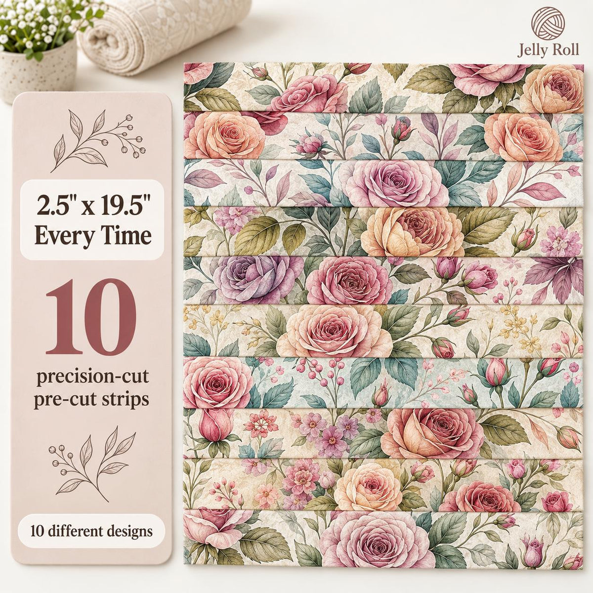 10pcs Vintage Floral Pattern Jelly Roll Fabric Strips 2.5X19.7inch Pre-Cut 100% Polyester For Patchwork Quilts, Table Runners, Placemats, Tote Bags, Storage Pouches, Makeup Bags, Coasters, Quilt Blocks & Binding
