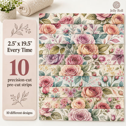 10pcs Vintage Floral Pattern Jelly Roll Fabric Strips 2.5X19.7inch Pre-Cut 100% Polyester For Patchwork Quilts, Table Runners, Placemats, Tote Bags, Storage Pouches, Makeup Bags, Coasters, Quilt Blocks & Binding