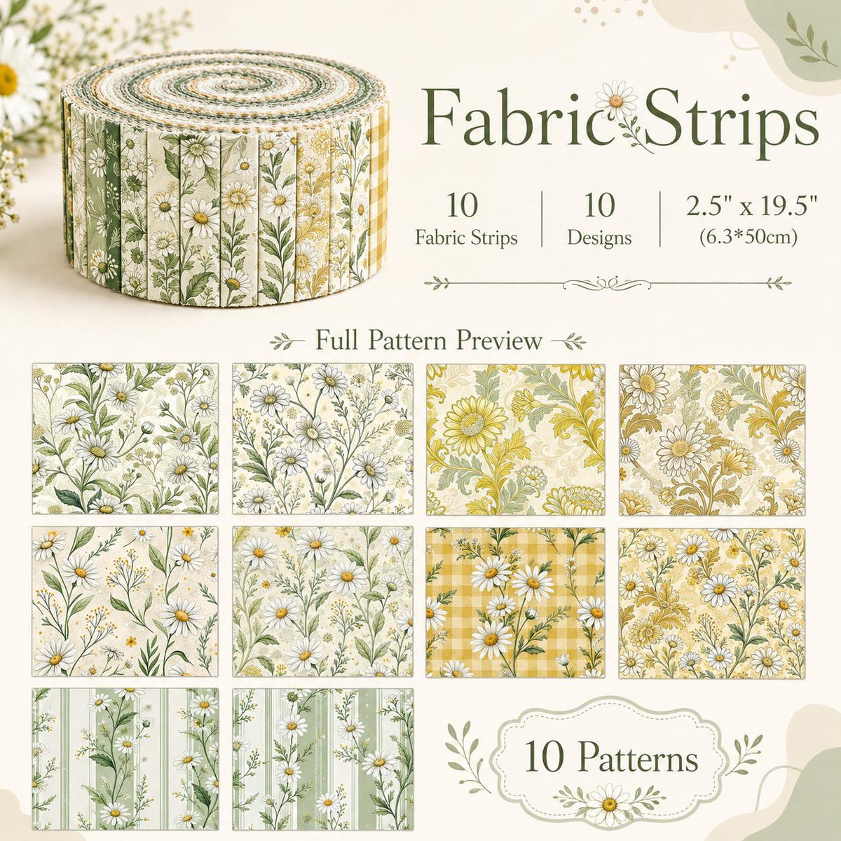 10pcs Vintage Daisy Floral Pattern Jelly Roll Fabric Strips 2.5X19.7inch Pre-Cut 100% Polyester For Patchwork Quilts, Table Runners, Placemats, Tote Bags, Storage Pouches, Makeup Bags, Coasters, Quilt Blocks & Binding