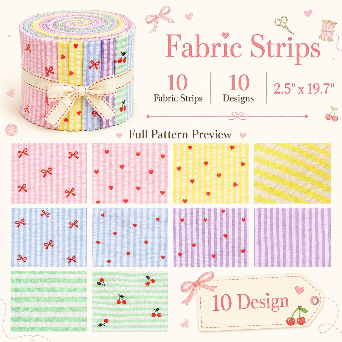 10pcs Vintage Love Striped Pattern Jelly Roll Fabric Strips 2.5X19.7inch Pre-Cut 100% Polyester For Patchwork Quilts, Table Runners, Placemats, Tote Bags, Storage Pouches, Makeup Bags, Coasters, Quilt Blocks & Binding