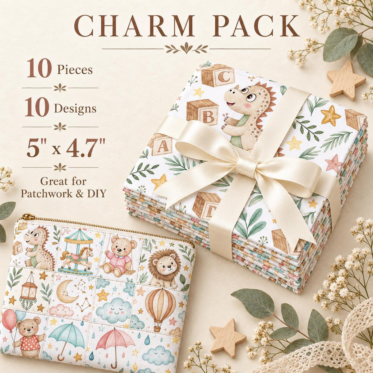 10Pc/Set Animal Series Dinosaurs Lions Bear Moon Umbrella Balloon Cloud Fat Quarter Fabric, Pre-Cut Square Fabric Assort, Fabric Set, Craft Fabric, Handmade DIY Patchwork Fabric,Home Quilting Sewing Fabric, Packaging Fabric, Scrapbooking Craft Hobbyist