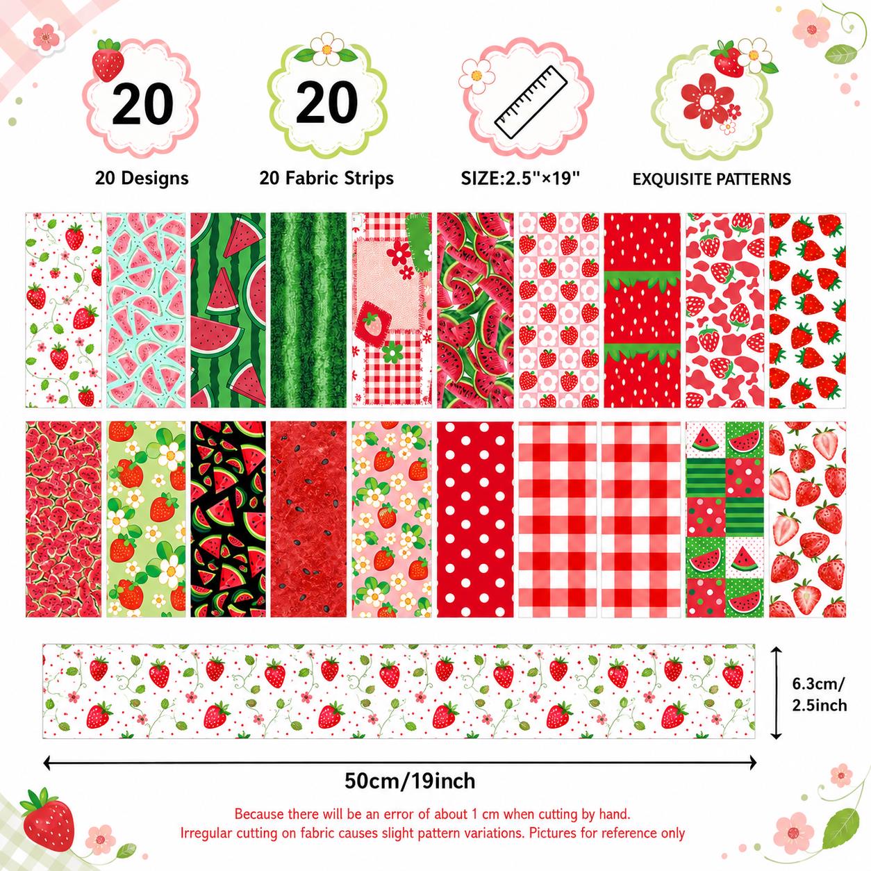 20pcs Vintage Strawberry Watermelon Fruit Pattern Blue Series Jelly Roll Sliced Fabric Strips 2.5X19.7inch Pre-Cut Floral Bow Knot Printed Multi-Color 100% Polyester For DIY Handmade Patchwork, Table Runners, Placemats, Tote Bags, Storage Pouches