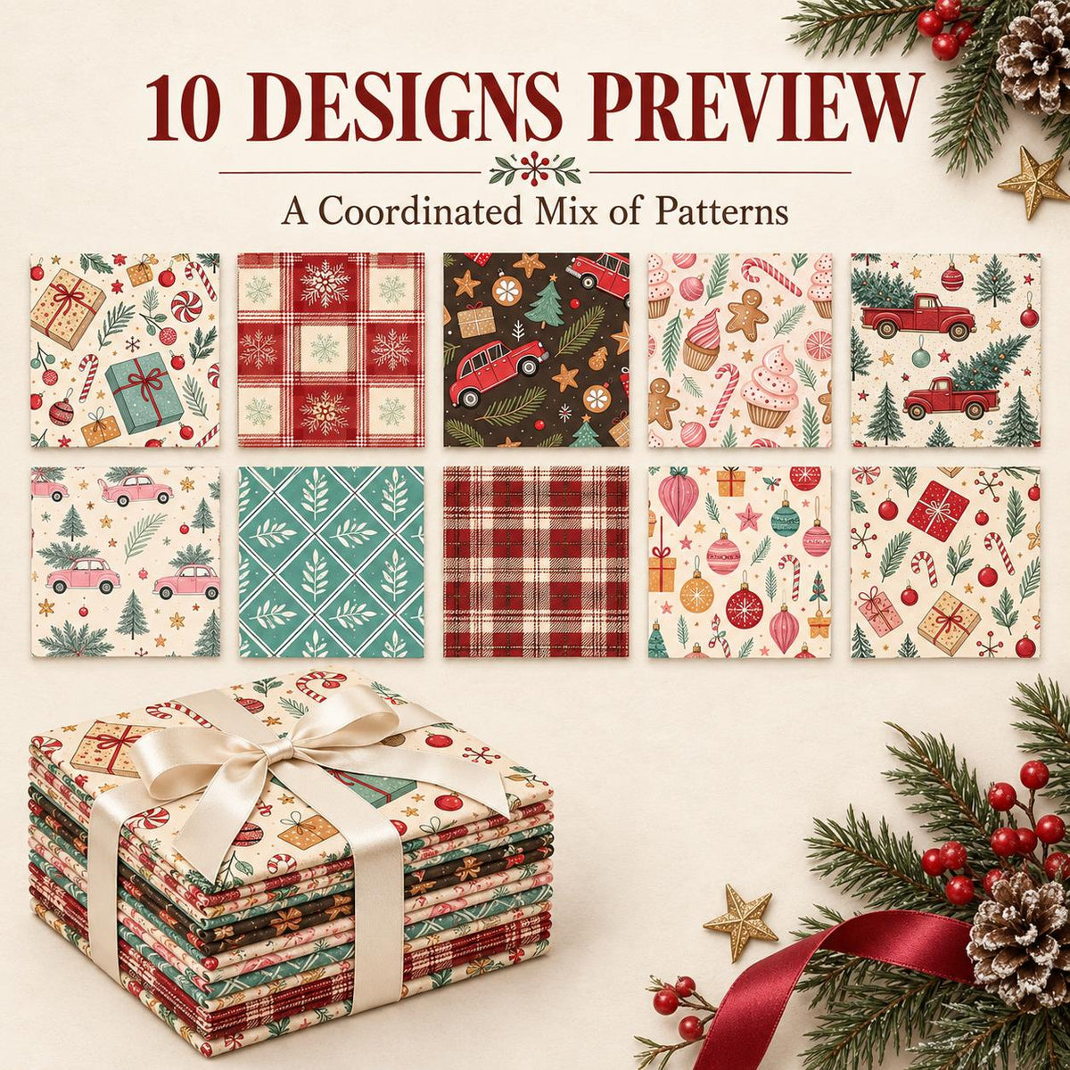 10Pc/Set Christmas Series Plaid Car Cake Tree Gift Crutch Fat Quarter Fabric, Pre-Cut Square Fabric Assort, Fabric Set, Craft Fabric, Handmade DIY Patchwork Fabric,Home Quilting Sewing Fabric, Packaging Fabric, Scrapbooking Craft Hobbyist