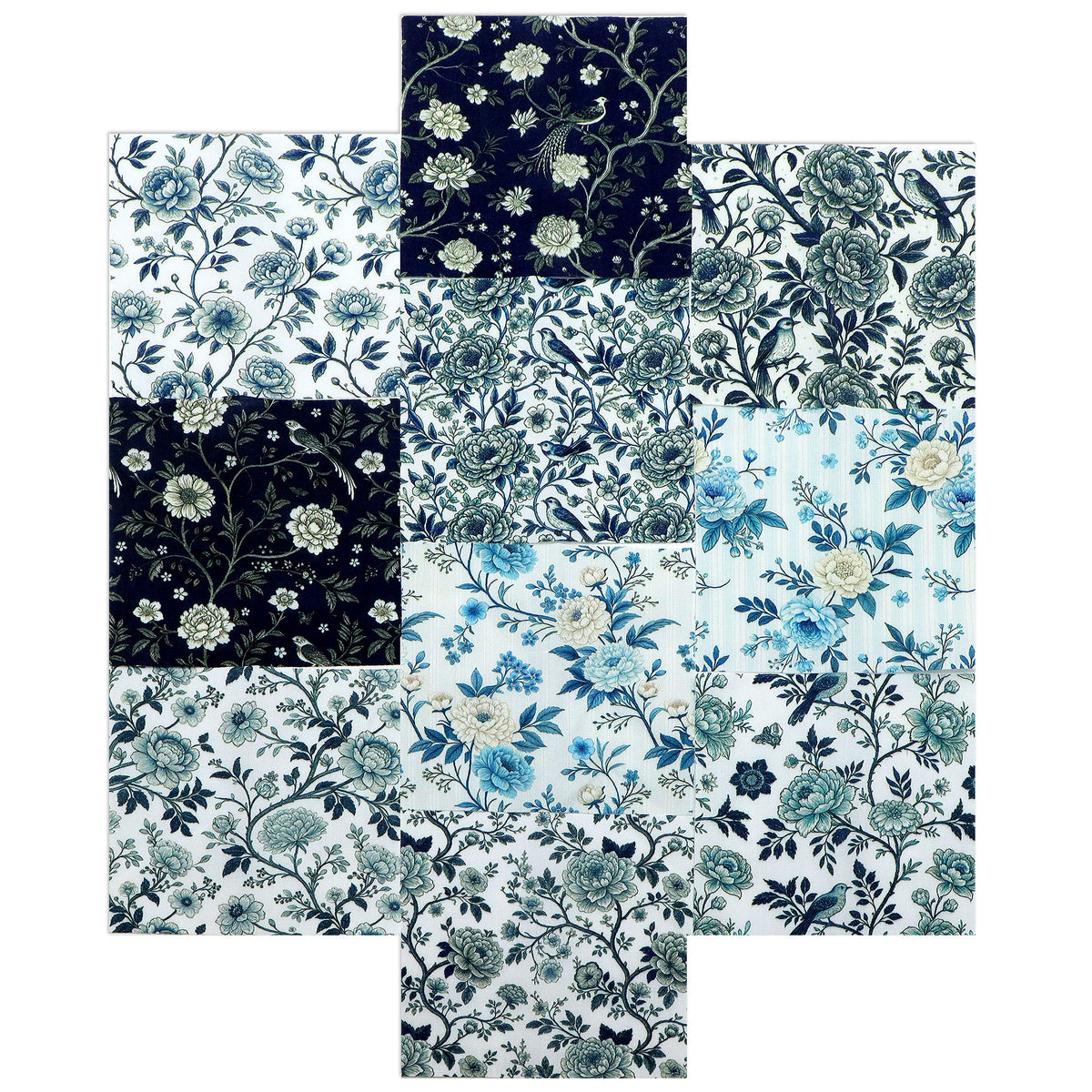10Pc/Set Flower Blue Series Bird Leaves Fat Quarter Fabric, Pre-Cut Square Fabric Assort, Fabric Set, Craft Fabric, Handmade DIY Patchwork Fabric,Home Quilting Sewing Fabric, Packaging Fabric, Scrapbooking Craft Hobbyist