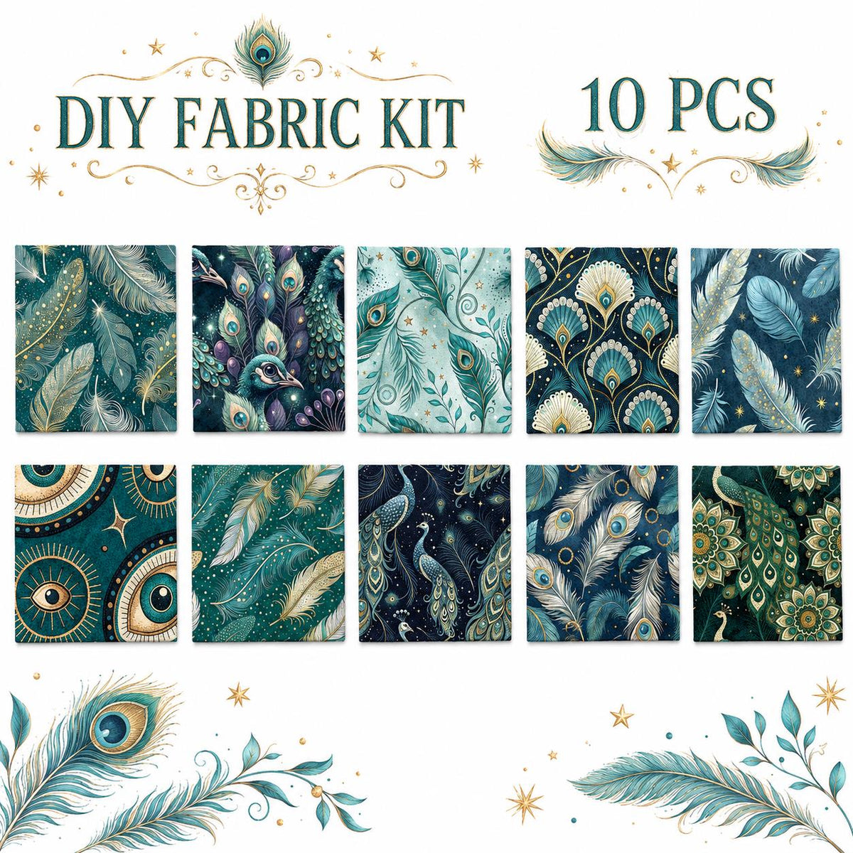 10pcs Charm Pack Set Peacock Feathers VIntage Style Pattern HAndmade DIY With Rich Color and Texture Elements 100% Polyester Patchwork in 10 Design Styles Suitable For Patchwork DIY Craft Projects DIY Wallet Making Gift Giving Bag Making Mother's Day Gift