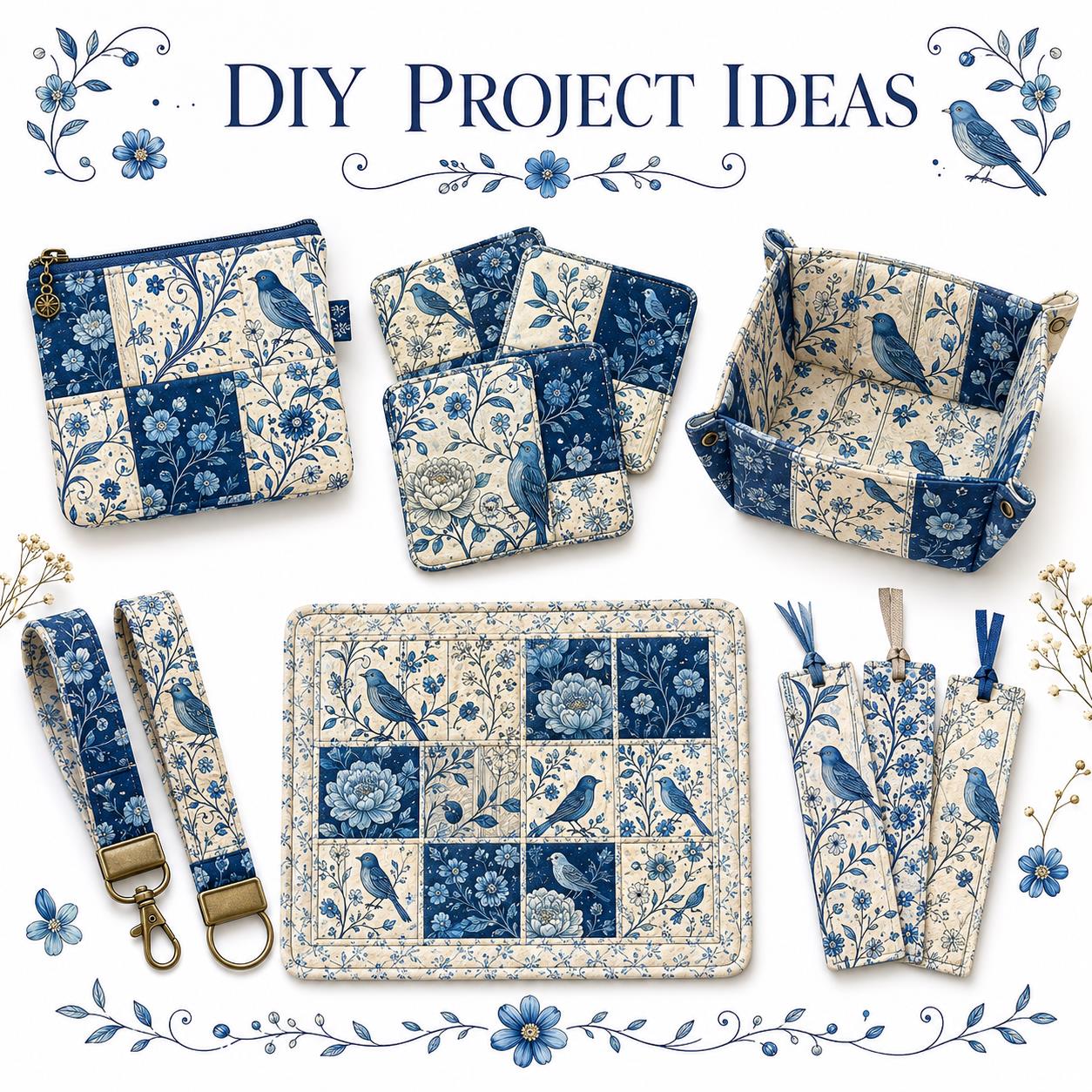 10Pc/Set Blue Flower Bird Series Fat Quarter Fabric, Pre-Cut Square Fabric Assort, Fabric Set, Craft Fabric, Handmade DIY Patchwork Fabric,Home Quilting Sewing Fabric, Packaging Fabric, Scrapbooking Craft Hobbyist