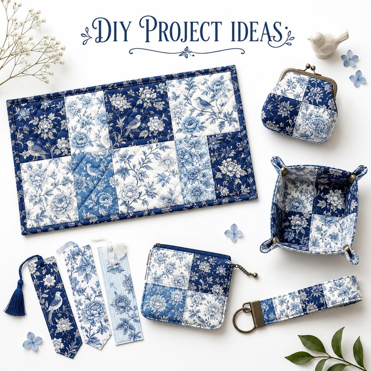 10Pc/Set Flower Blue Series Bird Leaves Fat Quarter Fabric, Pre-Cut Square Fabric Assort, Fabric Set, Craft Fabric, Handmade DIY Patchwork Fabric,Home Quilting Sewing Fabric, Packaging Fabric, Scrapbooking Craft Hobbyist