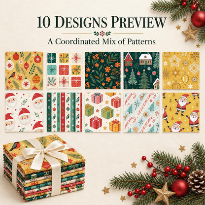 10Pc/Set Christmas Flower Deer Tree Santa Claus Crutch Series Fat Quarter Fabric, Pre-Cut Square Fabric Assort, Fabric Set, Craft Fabric, Handmade DIY Patchwork Fabric,Home Quilting Sewing Fabric, Packaging Fabric, Scrapbooking Craft Hobbyist