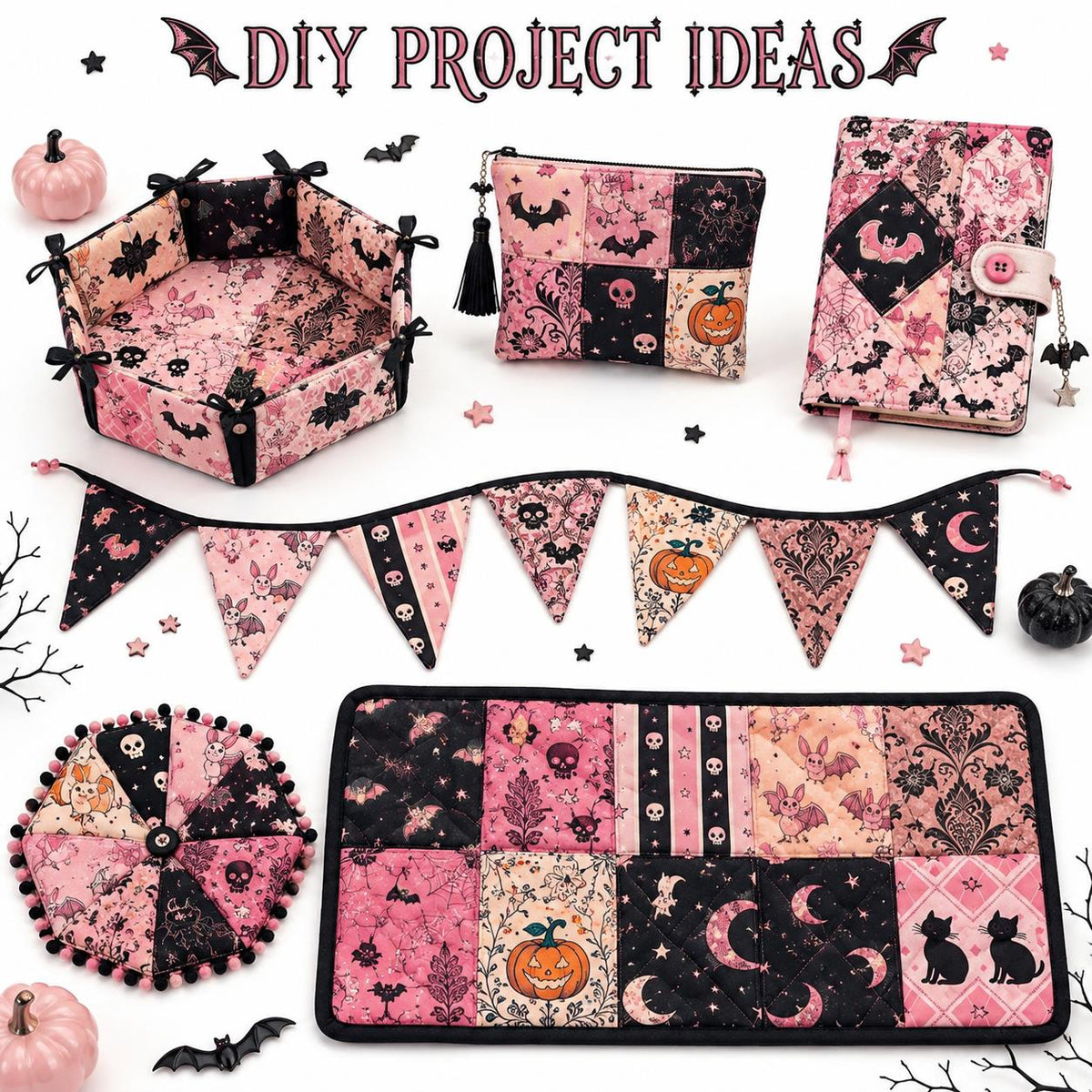 10pcs Charm Pack Set Bat Pumpkin Skull Halloween Vintage Style Pattern Handmade DIY with Rich Color and Texture Elements 100% Polyester Patchwork in 10 Design Styles Suitable for Patchwork DIY Craft Projects DIY Wallet Making Gift Giving Bag Making