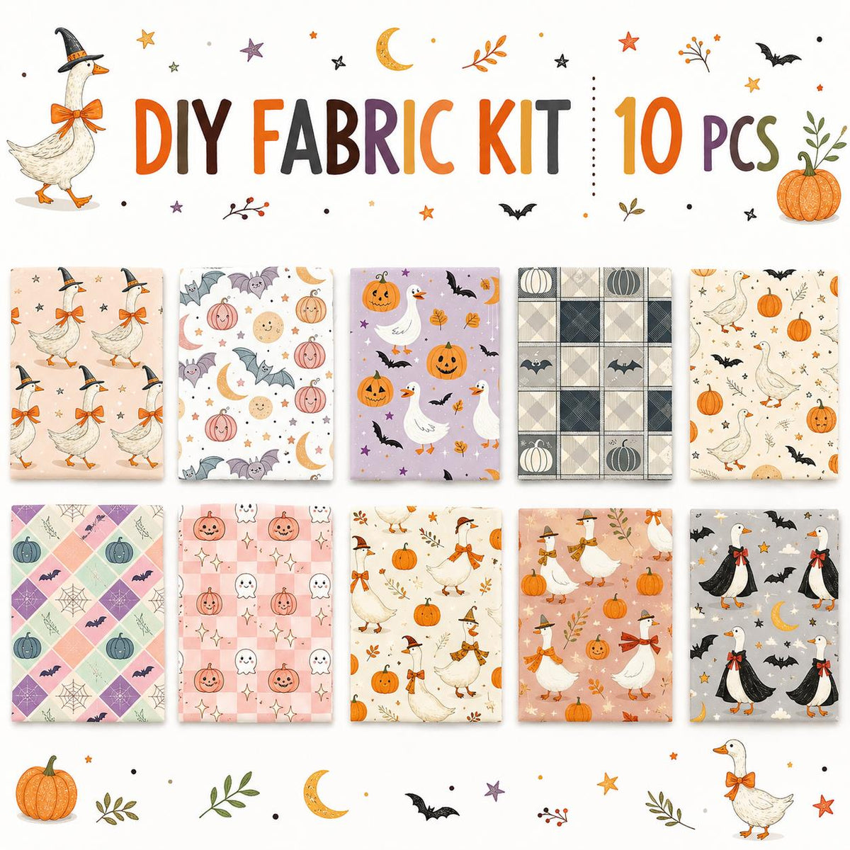 10Pc/Set Halloween Series Star Pumpkin Duck Skull Bat Fat Quarter Fabric, Pre-Cut Square Fabric Assort, Fabric Set, Craft Fabric, Handmade DIY Patchwork Fabric,Home Quilting Sewing Fabric, Packaging Fabric, Scrapbooking Craft Hobbyist