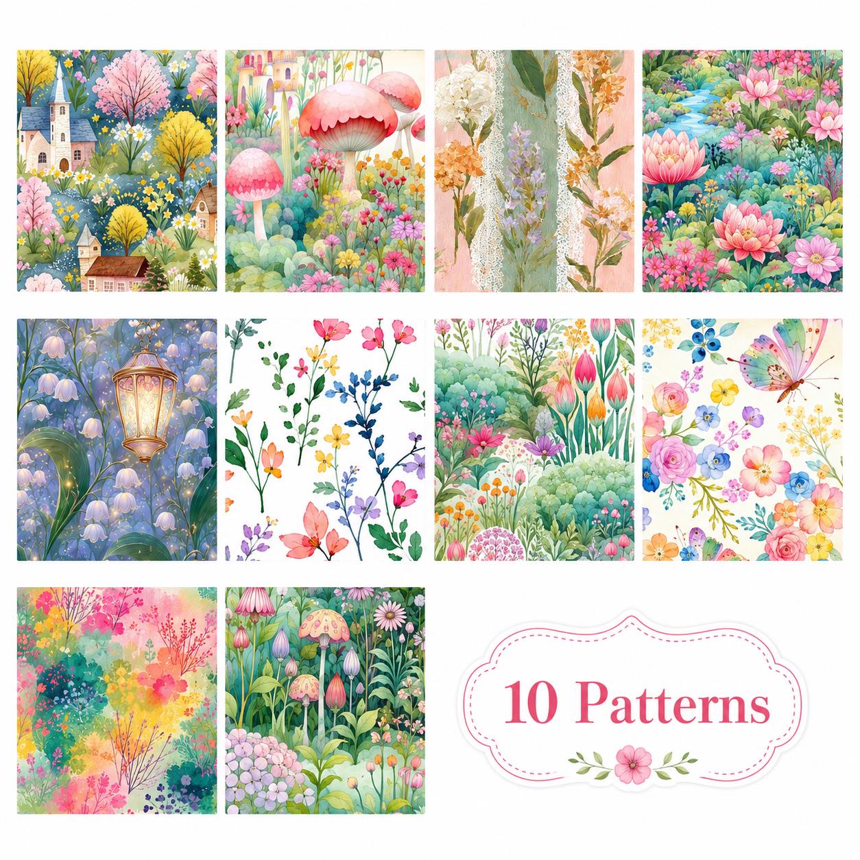 10pcs Vintage Floral Mushroom Spring Pattern Jelly Roll Fabric Strips 2.5X19.7inch Pre-cut 100% Polyester for Patchwork Quilts, Table Runners, Placemats, Tote Bags, Storage Pouches, Makeup Bags, Coasters, Quilt Blocks & Binding