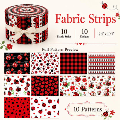 10Pc/Set, Making 10 Images 1pc Each, Each Size: 6.3*50cm Spring Heart Ladybug Red Series Sliced Fabric Set Style Combination, Polyester Jelly Roll Fabric Strips, Pre-Cut Quilting Squares, For Quilting DIY, Handicrafts And Sewing, Blankets, Rugs