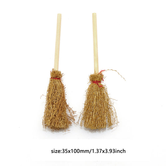 1Pc Durable Bamboo Miniature Artificial Straw Brooms with Red Ropes, Halloween & Easter Party Decor, Witches Accessory for Costume Cosplay, No Feather, Festive Home & Kitchen Decor
