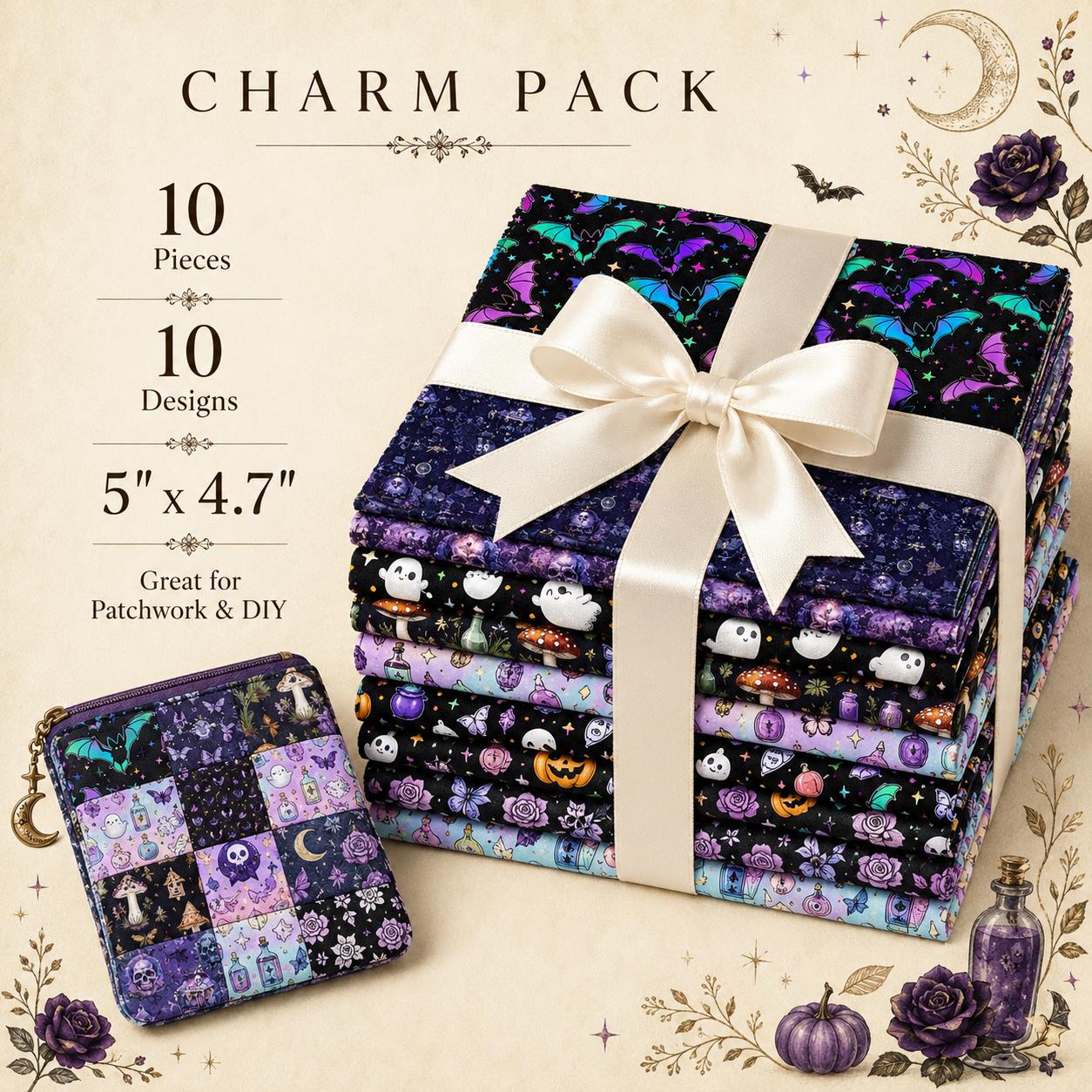 10Pc/Set Halloween Series Butterfly Heart Skull Pumpkin Cat Mushroom Rose Bat Fat Quarter Fabric, Pre-Cut Square Fabric Assort, Fabric Set, Craft Fabric, Handmade DIY Patchwork Fabric,Home Quilting Sewing Fabric, Packaging Fabric, Scrapbooking Craft Hobby