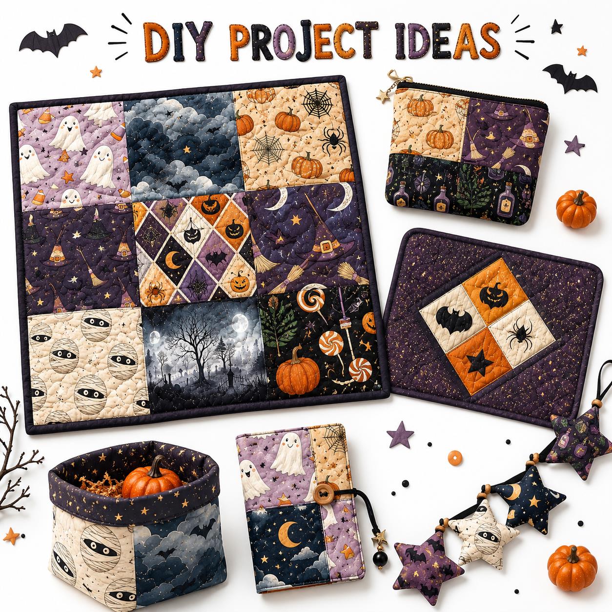 10pcs Charm Pack Set Bat Pumpkin Moon Halloween Vintage Style Pattern Handmade DIY with Rich Color and Texture Elements 100% Polyester Patchwork in 10 Design Styles Suitable for Patchwork DIY Craft Projects DIY Wallet Making Gift Giving Bag Making
