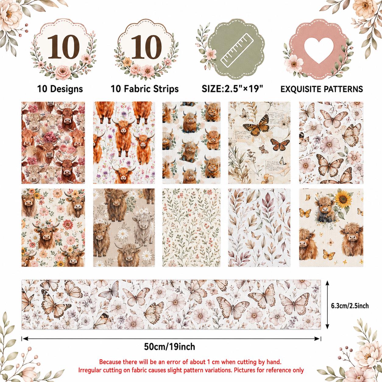 10Pc/Set, Making 10 Images 1pc Each, Each Size: 6.3*50cm Floral Butterfly Cow Series Sliced Fabric Set Style Combination, Polyester Jelly Roll Fabric Strips, Pre-Cut Quilting Squares, For Quilting DIY, Handicrafts And Sewing, Blankets, Rugs