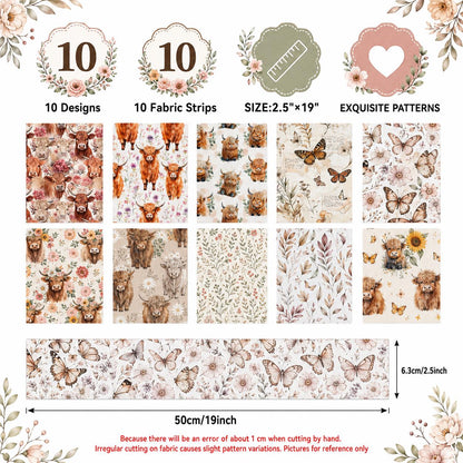 10Pc/Set, Making 10 Images 1pc Each, Each Size: 6.3*50cm Floral Butterfly Cow Series Sliced Fabric Set Style Combination, Polyester Jelly Roll Fabric Strips, Pre-Cut Quilting Squares, For Quilting DIY, Handicrafts And Sewing, Blankets, Rugs