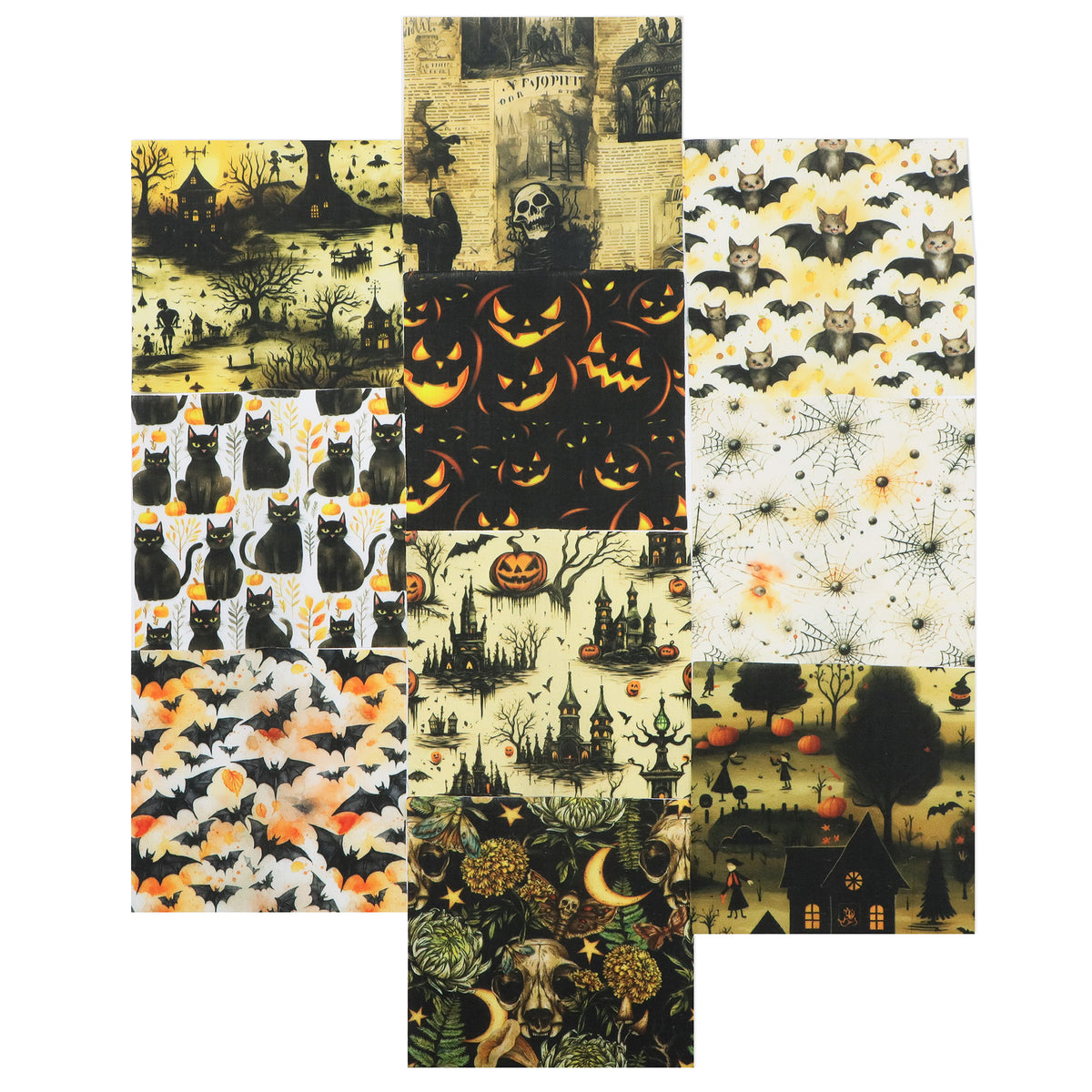 10Pc/Set Halloween Skull Cat Bat Spider Web Witch Pumpkin Series Fat Quarter Fabric, Pre-Cut Square Fabric Assort, Fabric Set, Craft Fabric, Handmade DIY Patchwork Fabric,Home Quilting Sewing Fabric, Packaging Fabric, Scrapbooking Craft Hobbyist
