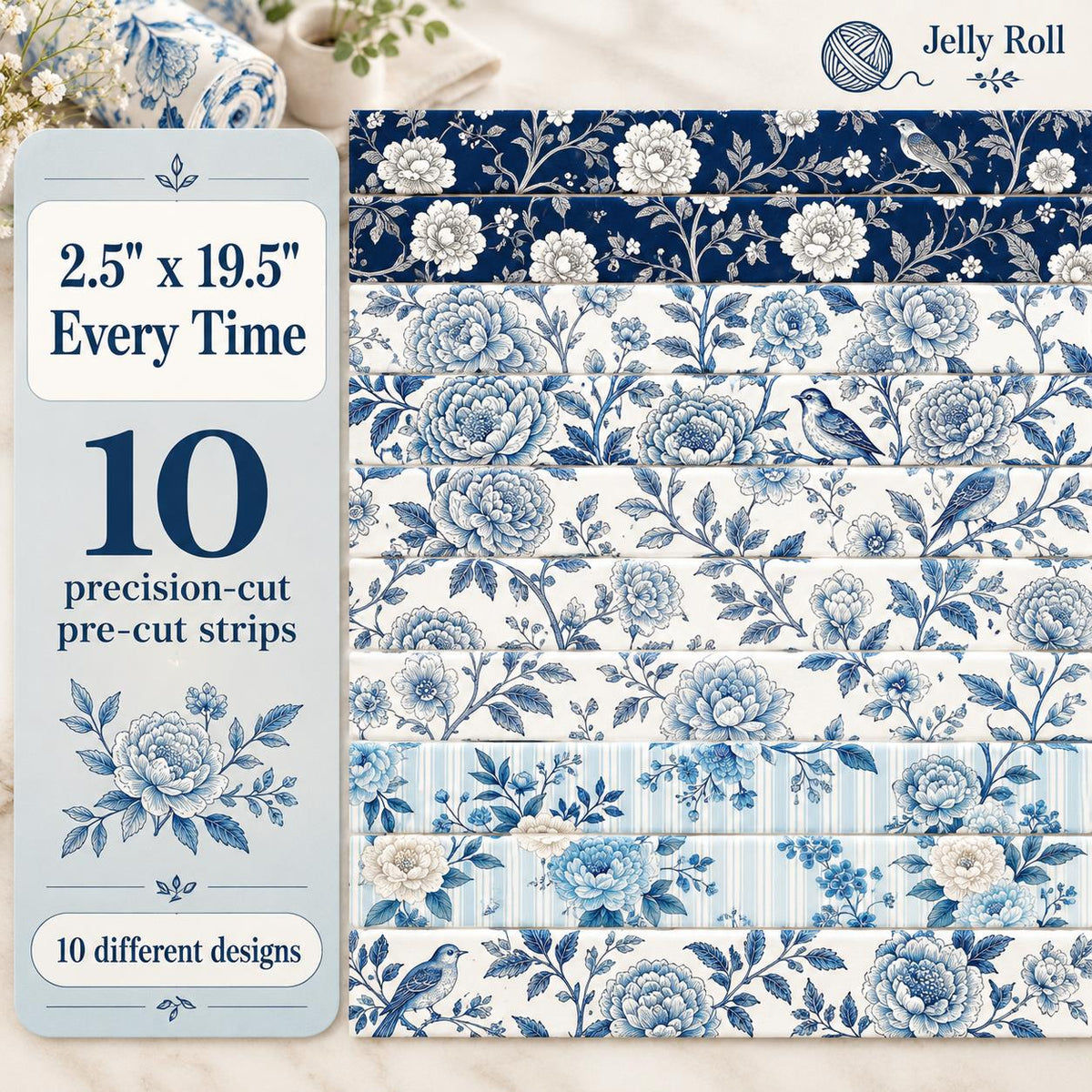 10pcs Vintage Blue Floral Pattern Jelly Roll Fabric Strips 2.5X19.7inch Pre-Cut 100% Polyester For Patchwork Quilts, Table Runners, Placemats, Tote Bags, Storage Pouches, Makeup Bags, Coasters, Quilt Blocks & Binding