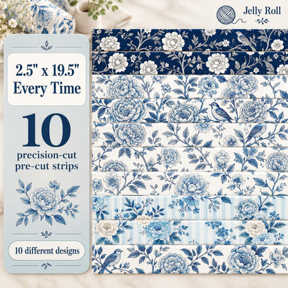 10pcs Vintage Blue Floral Pattern Jelly Roll Fabric Strips 2.5X19.7inch Pre-Cut 100% Polyester For Patchwork Quilts, Table Runners, Placemats, Tote Bags, Storage Pouches, Makeup Bags, Coasters, Quilt Blocks & Binding