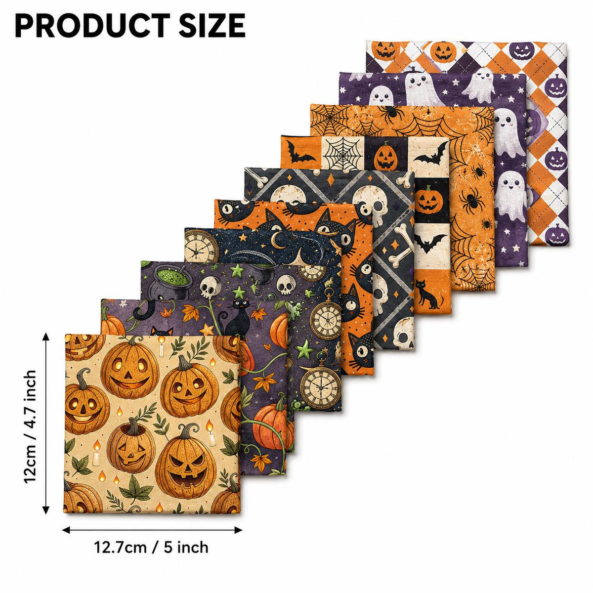 10pcs Charm Pack Set Bat Pumpkin Skull Cat Halloween Vintage Style Pattern Handmade DIY with Rich Color and Texture Elements 100% Polyester Patchwork in 10 Design Styles Suitable for Patchwork DIY Craft Projects DIY Wallet Making Gift Giving Bag Making