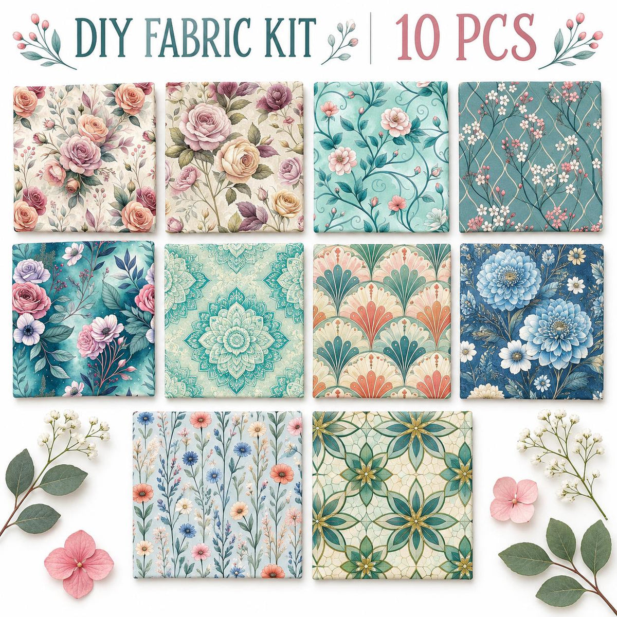 10Pc/Set Flower Series Fat Quarter Fabric, Pre-Cut Square Fabric Assort, Fabric Set, Craft Fabric, Handmade DIY Patchwork Fabric,Home Quilting Sewing Fabric, Packaging Fabric, Scrapbooking Craft Hobbyist