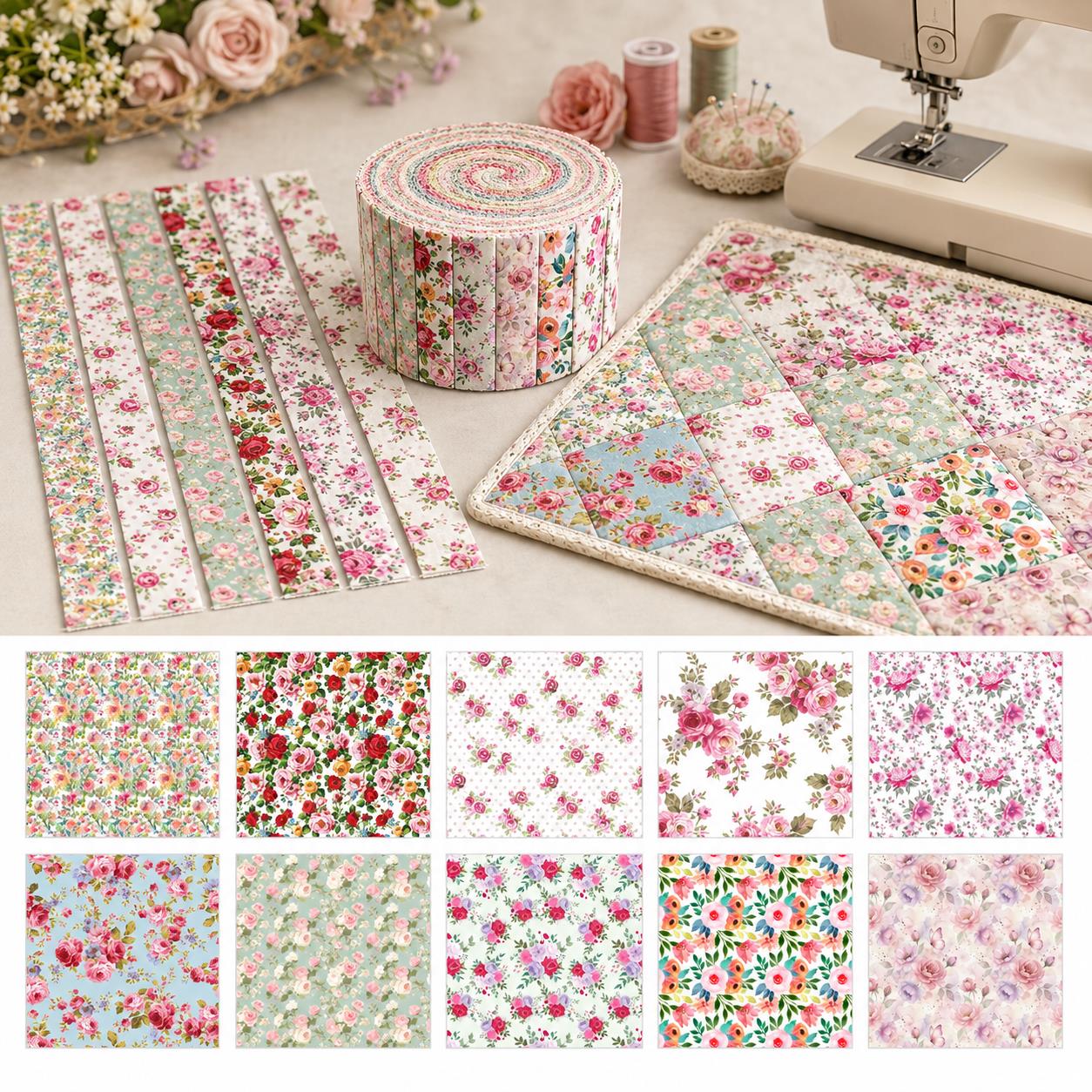 10Pc/Set, Making 10 Images 1pc Each, Each Size: 6.3*50cm Spring Floral Series Sliced Fabric Set Style Combination, Polyester Jelly Roll Fabric Strips, Pre-Cut Quilting Squares, For Quilting DIY, Handicrafts And Sewing, Blankets, Rugs, Interior Decoration
